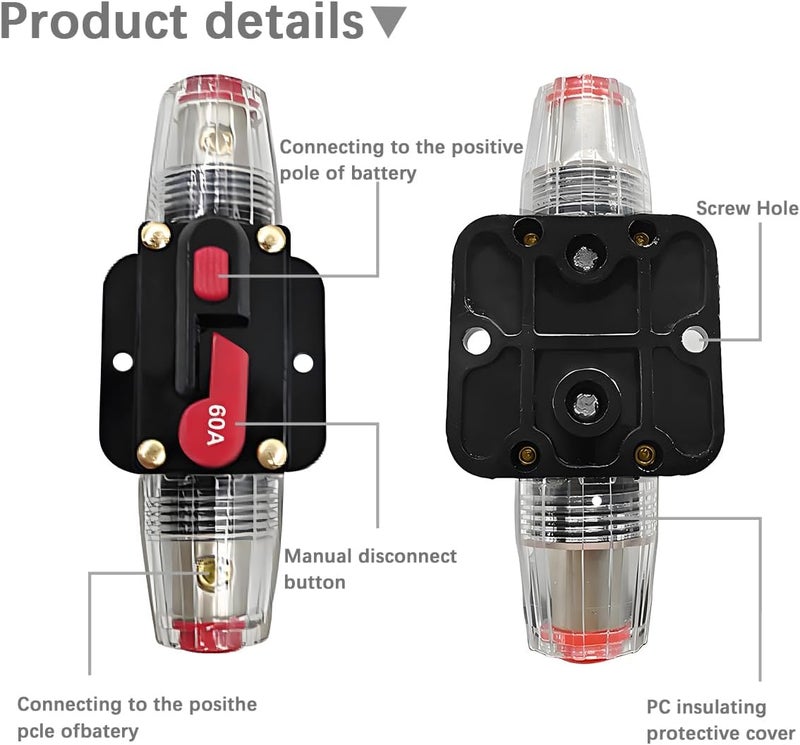 FALVFUN 60 Amp Car Circuit Breaker, 12V-24V Manual Reset Vehicle Inline Fuse Inverter, Waterproof Automotive Power System Protection Accessories, Universal for Trolling Motors ATV - Image 2